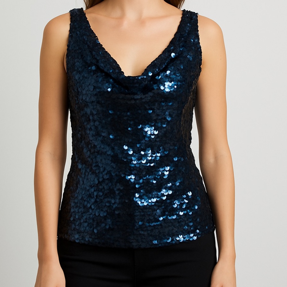 Sequin Cowl Neck Top navy